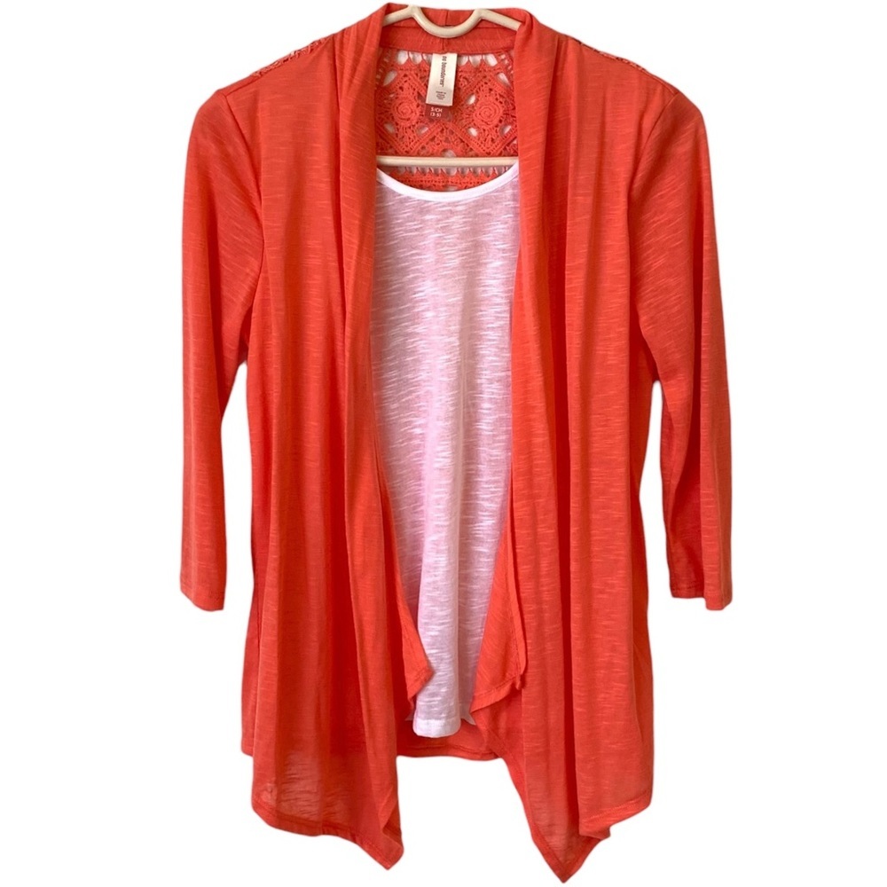 No Boundaries | S (3-5) | Juniors Salmon & White Long Sleeve Sheer Lace Back Top